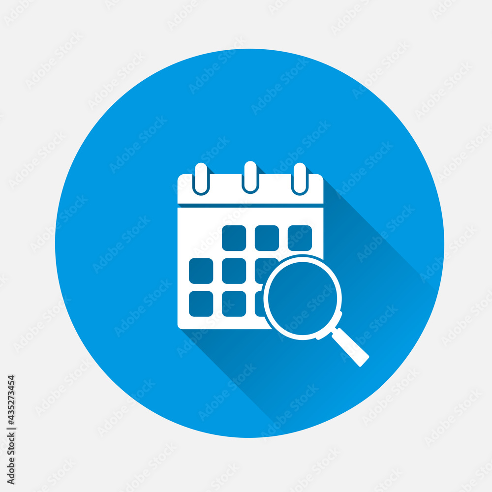Aufkleber calendar vector icon with magnifier icon on blue background. flat image with long shadow.