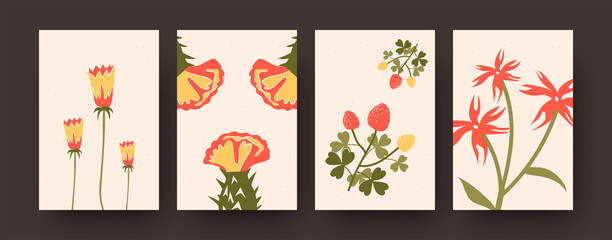 Set of abstract botanical design elements in pastel colors. Decorative flowers and ripe red berries on beige background. Flowers and blossom concept for banners, website design or background