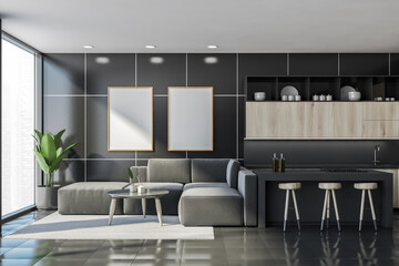 Dark kitchen set interior with shelves and furniture, mockup poster