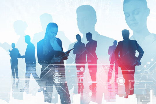 Business people working together, partners silhouettes with digital icons and lines