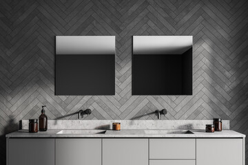 Spacious modern bathroom design interior in gray tones double sink vanity with square mirrors. Window light.