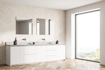 Spacious modern bathroom design interior in wood tones double sink vanity with square mirrors. Panoramic Window.