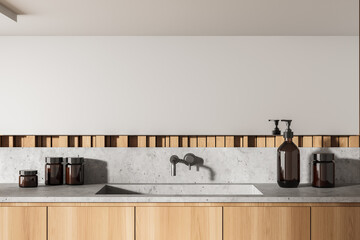 Wooden bathroom interior with sink and mirror