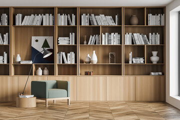 Stylish modern interior of contemporary library with comfortable armchair. Book with bookshelf. Wooden parquet floor. - obrazy, fototapety, plakaty
