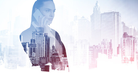Attractive young business woman talking phone, double exposure, New York city view. The concept of international corporate consulting