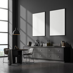 Grey dining room interior with sink and furniture near window, mockup poster