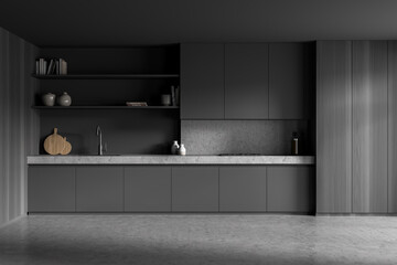 Grey kitchen set interior with shelves and kitchenware on concrete floor