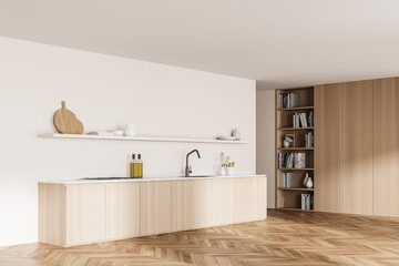 Fototapeta na wymiar Modern design kitchen room interior. bookshelfs with cooking books, wooden floor. 3d rendering.