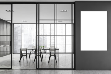 Interior design of modern meeting room with panoramic windows. Contemporary conference board table. Cityscape view. Mock up white poster on grey wall.