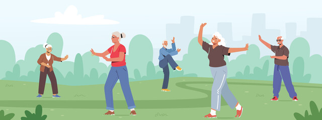 Seniors Exercising Outdoors Making Tai Chi for Healthy Body, Flexibility and Wellness. Pensioners Morning Workout - obrazy, fototapety, plakaty
