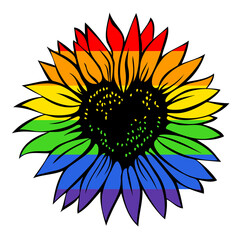 Heart shaped sunflower in the colors of rainbow flag, vector illustration isolated on white background