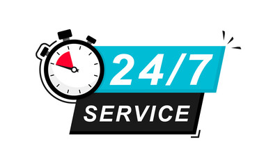 Fototapeta na wymiar 24-7 service. 24 hours a day and 7 days a week service icon. Support service concept with stopwatch and numbers 24-7. Logo. Vector Illustration