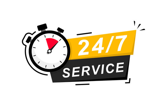 24-7 service. 24 hours a day and 7 days a week service icon. Support service concept with stopwatch and numbers 24-7. Logo. Vector Illustration