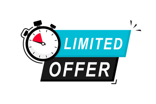 Limited offer icon with time countdown. Modern vector banner ribbon limited offer with stop watch. Super promo label with alarm clock and word. Offer sale or exclusive deal concept. Vector