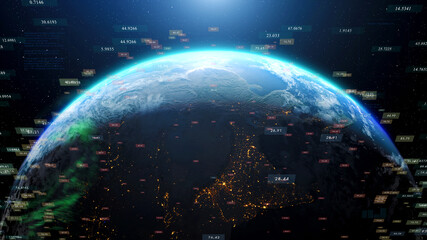 Earth hologram 3D digital HUD user interface background. Worldwide business data infographics concept