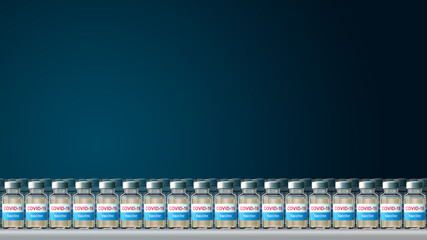 A lot of Covid-19 Vaccine bottles line up in the row. close-up detail in bottles 3d render