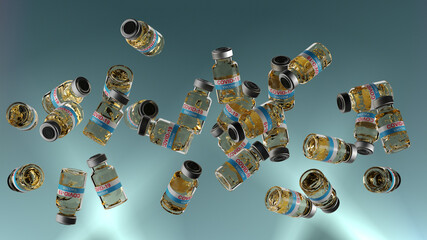 Covid-19 Vaccine bottles slow-motion rotation in the air. close-up liquid detail in bottles. Blue background. 3d render