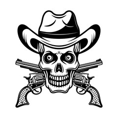 Skull in cowboy hat and two crossed pistols vector illustration in monochrome vintage style isolated on white background