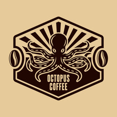 Octopus coffee vector emblem, badge, label or logo concept vintage illustration