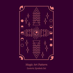 Pattern of drawings for tarot cards. Opening of third eye of soul, phases of moon, celestial spheres, stars. Set of magic items, crystals, shards of glass. Vector illustration for esoteric design