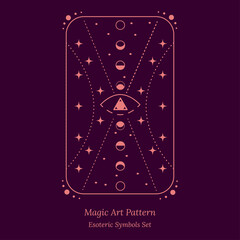 Pattern of drawings for tarot cards. Opening of third eye of soul, phases of moon, celestial spheres, stars. Set of magic items. Vector illustration for esoteric design
