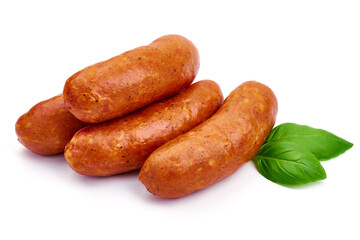 Smoked pork sausages, isolated on white background. High resolution image.