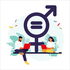 Gender equality concept. Men and women character on the scales for gender equality. Vector illustration. Flat. - obrazy, fototapety, plakaty