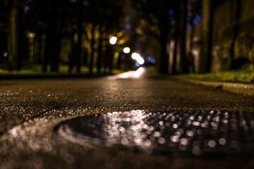 Park alley at night after the rain, the lantern illuminate the alley between trees. View from the level of a manhole in the alley