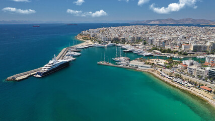 Fototapeta premium Aerial drone photo of beautiful round harbour and Marina of Zea or Passalimani in the heart of Piraeus, Attica, Greece
