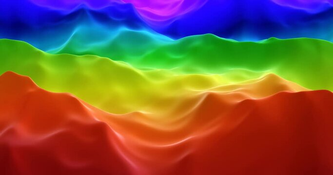 Rainbow storm waves. Hurricane with all colors of sunbow. Color 3D render tsunami with digital psychedelic effect. Lgbt flag in futuristic glow and wiggling water textures.