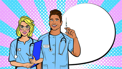 Doctors with vaccine in pop art style. Background in comic style retro pop art. Illustration for print advertising and web.	