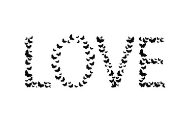 The word love made from silhouettes of butterflies. Vector EPS 10.