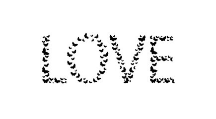 The word love made from silhouettes of butterflies. Isolated on white.