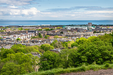 Fototapeta na wymiar View of Edinburgh from Carlton Hill looking East towards the Easter Road Football Stadium, Scotland