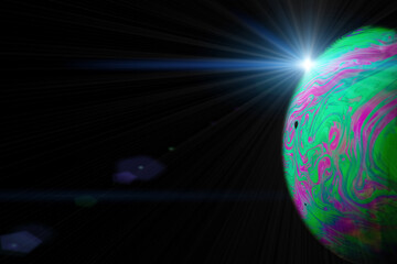 Abstract background planet. Globe planet earth in galaxy universe space with sun on black...