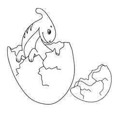 Cute dinosaur in an egg. Little dinosaur's birthday. Black and white drawing coloring book. Vector illustration isolated on white background