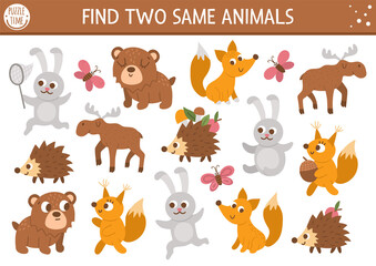 Naklejka premium Find two same animals. Forest matching activity for children. Funny woodland educational logical quiz worksheet for kids. Simple printable game with cute bear, squirrel, rabbit, fox, moose, hedgehog..