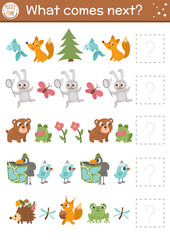 What comes next. Forest matching activity for preschool children with cute woodland animals. Funny educational puzzle. Logical worksheet. Continue the row game with rabbit, bear, frog, fox, bird..