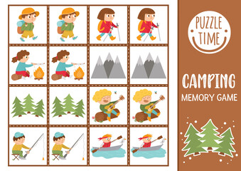 Vector summer camp memory game cards with cute hiking kids and nature. Camping matching activity. Remember and find correct card. Simple wildlife printable worksheet for kids. .