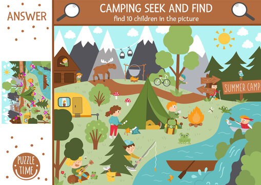 Vector camping searching game with cute children in the forest. Spot hidden kids in the picture. Simple seek and find summer camp or woodland educational printable activity. Outdoor family quiz.