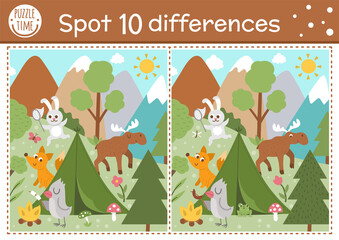 Find differences game for children. Woodland educational activity with funny camping scene. Printable worksheet with cute animals in the wild. Summer nature puzzle for kids. Forest preschool sheet.