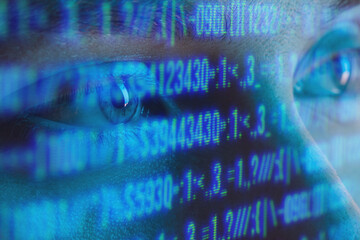 Close up view of beautiful female eyes and futuristic holographic interface to display data. Blue neon light. Cryptocurrency, finance, future technology, innovative ideas concept.