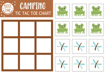 Vector forest tic tac toe chart with cute frog and dragonfly. Woodland board game playing field with animal and insect. Funny printable worksheet for kids. Noughts and crosses grid .