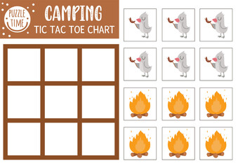 Vector forest tic tac toe chart with cute bird and fire. Woodland board game playing field with animal frying sausage. Funny printable worksheet for kids. Camping noughts and crosses grid .