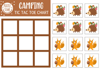 Vector forest tic tac toe chart with cute hedgehog and squirrel. Woodland board game playing field with animals. Funny printable worksheet for kids. Noughts and crosses grid .