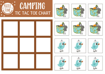 Vector forest tic tac toe chart with cute birds. Woodland board game playing field with animal with map. Funny printable worksheet for kids. Camping noughts and crosses grid .
