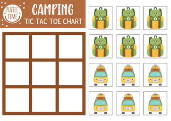 Vector summer camp tic tac toe chart with cute camping equipment. Woodland board game playing field with kawaii backpack, van. Funny printable worksheet. Camping noughts and crosses grid .