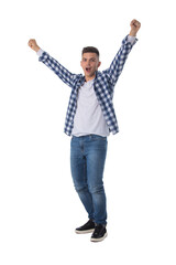 Naklejka premium Portrait of man with arms raised