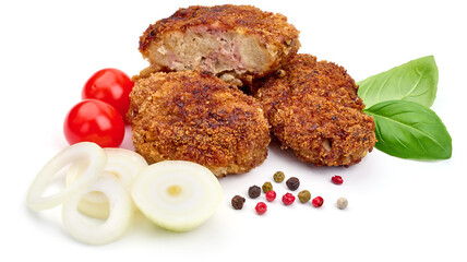 Fried pork cutlets in breadcrumbs, isolated on white background. High resolution image.