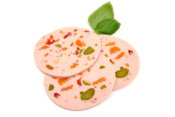 Mortadella, Bologna boiled sausage, isolated on white background. High resolution image. © GSDesign